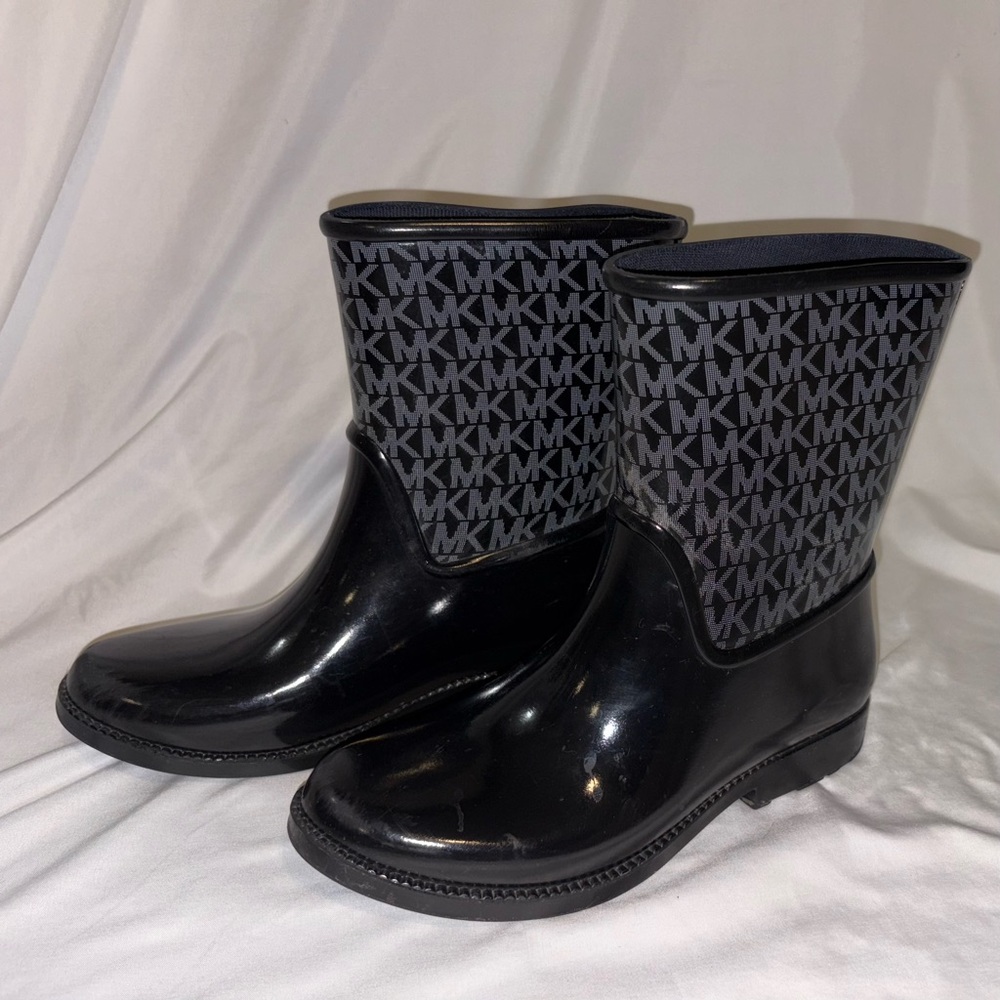 Michael Kors Glossy Black MK Pattern Rain Boots